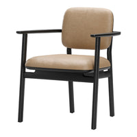 Stylish black wooden chair with a soft beige leather seat and backrest, perfect for modern interiors.