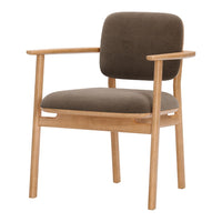 Brown upholstered chair with a light wood frame, featuring a minimalist design and soft suede texture.
