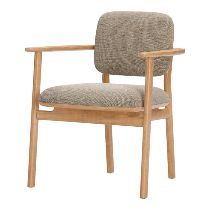 Beige fabric dining chair with natural wood frame and textured upholstery, perfect for modern interiors.