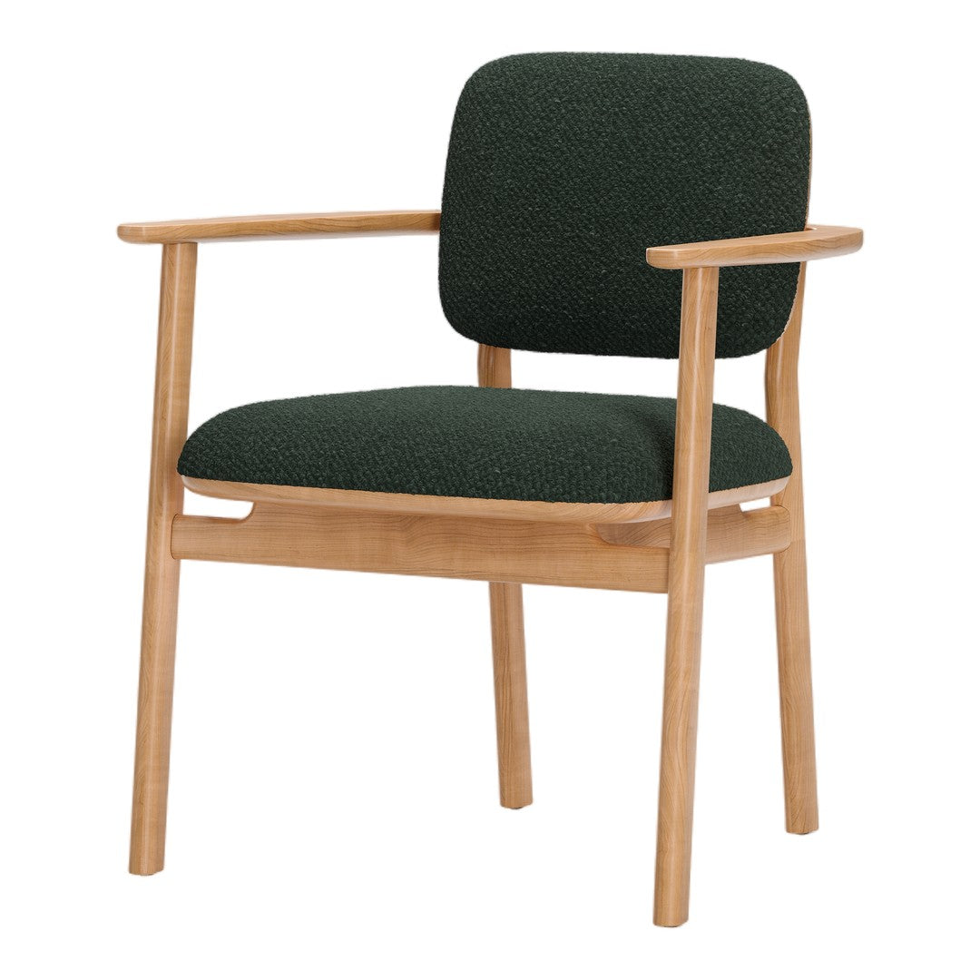 Green textured upholstery with a natural wood frame, featuring minimalist design and subtle patterns for modern decor.