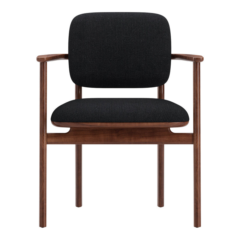 Black upholstered chair with a textured pattern, featuring a warm walnut wood frame. Elegant and modern design.