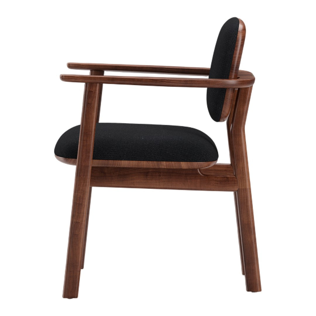 Mid-century modern chair featuring a walnut frame and sleek black upholstery. Stylish and contemporary design.