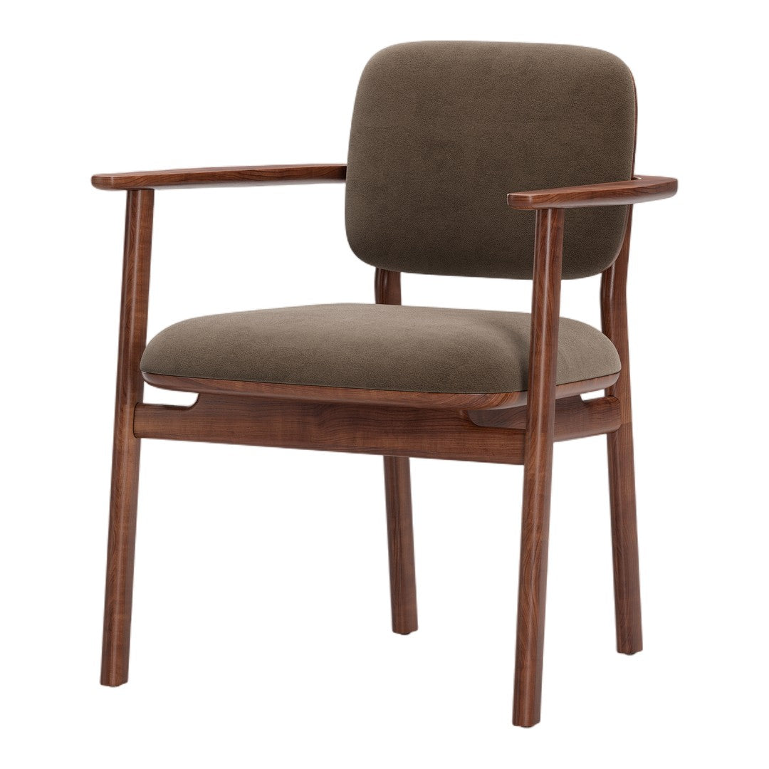 Brown upholstered chair with wooden frame showcasing a minimalist design and soft texture. Ideal for modern decor.