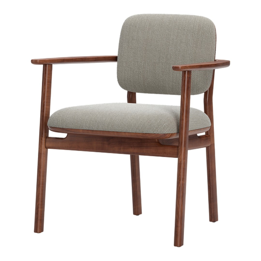 Gray patterned fabric chair with a warm brown wooden frame. Stylish and modern design for any space.