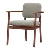 Gray patterned fabric chair with a warm brown wooden frame. Stylish and modern design for any space.