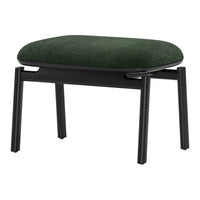 Green upholstered ottoman with a sleek black wooden frame and minimalist design. Perfect for modern interiors.