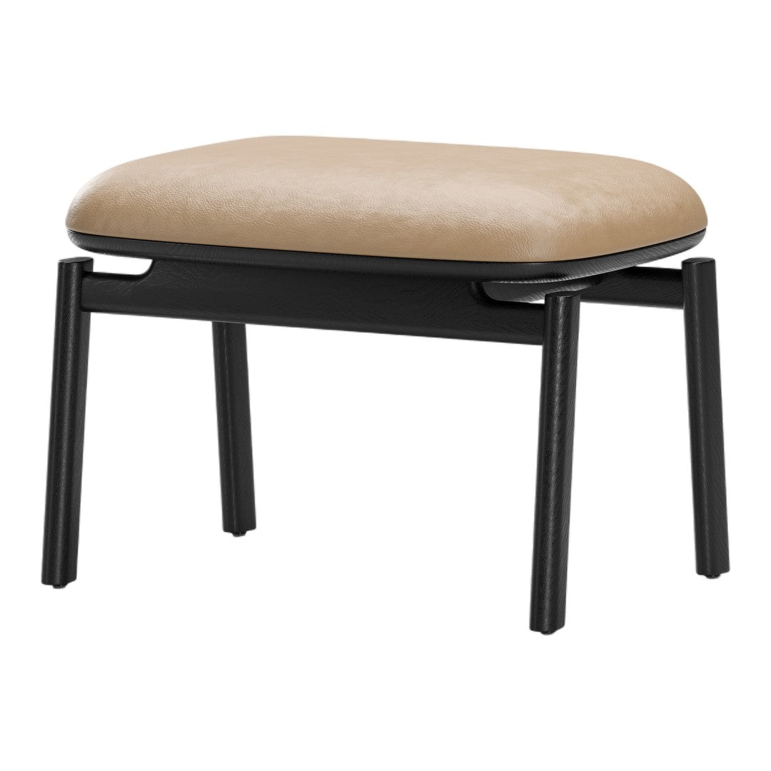 Beige upholstered stool with a sleek black frame, featuring a smooth, minimalist design and modern aesthetic.