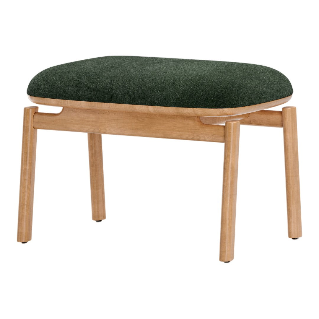 Green upholstered stool with a smooth wood frame, featuring a simple and elegant design. Perfect for any decor.