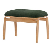 Green upholstered stool with a smooth wood frame, featuring a simple and elegant design. Perfect for any decor.