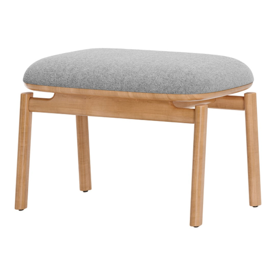 Gray upholstered stool with a light wood frame, showcasing a sleek, minimalist design. Perfect for modern decor.
