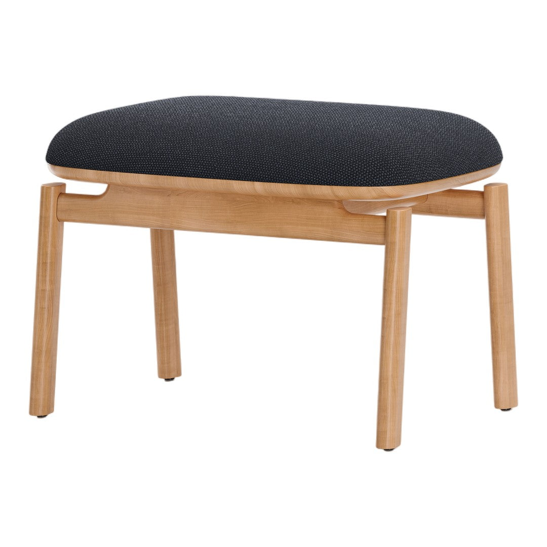 Black patterned upholstery with a light natural wood frame, perfect for modern interior decor.