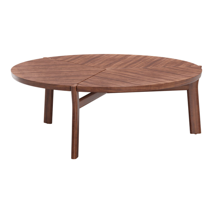 Round wooden coffee table with a rich walnut finish and a stylish, geometric patterned surface.