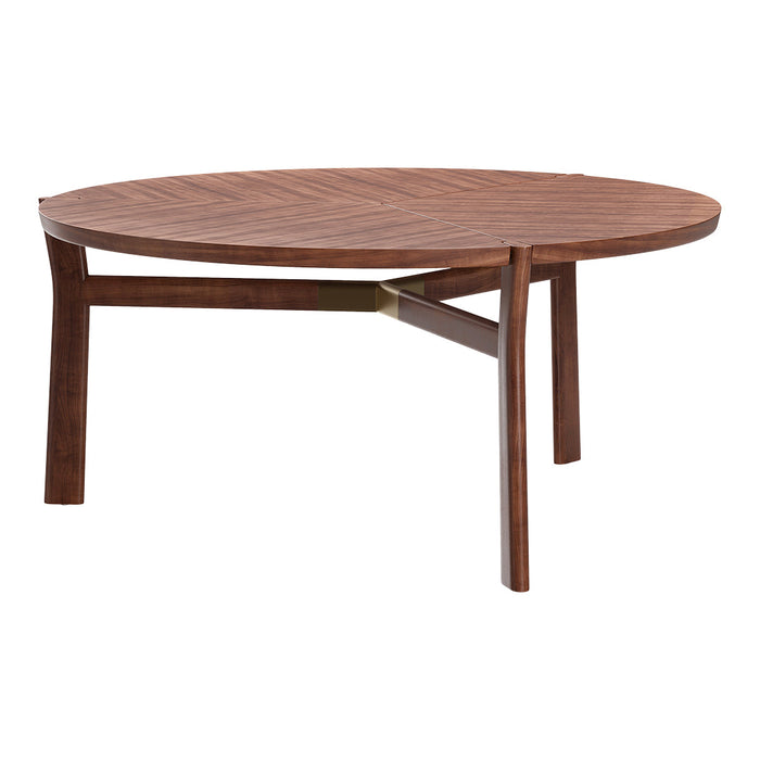 Round wooden coffee table in rich brown with a geometric pattern and gold accent. Ideal for modern interiors.
