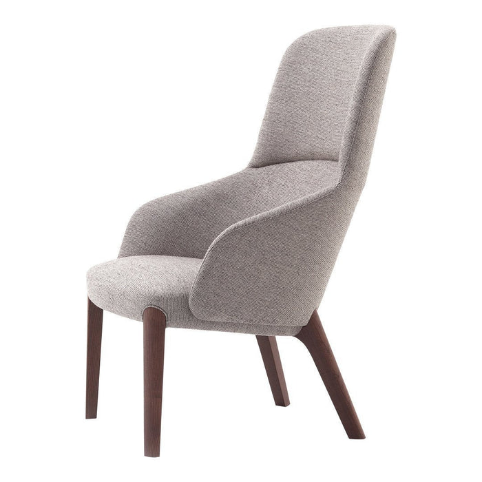 Stylish high-back chair in soft gray fabric with a minimalist design and rich brown wooden legs. Perfect for modern decor.