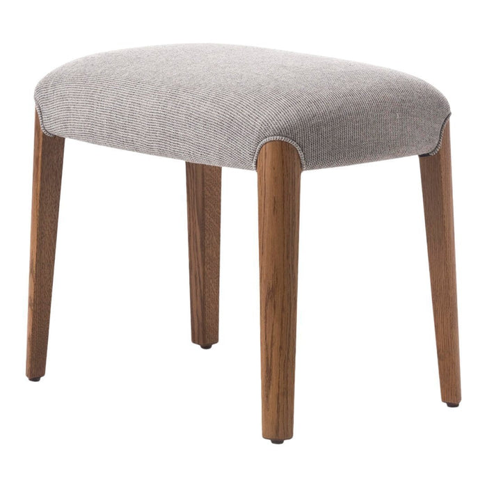 Gray upholstered stool with wooden legs, featuring a simple, modern design. Ideal for contemporary decor.
