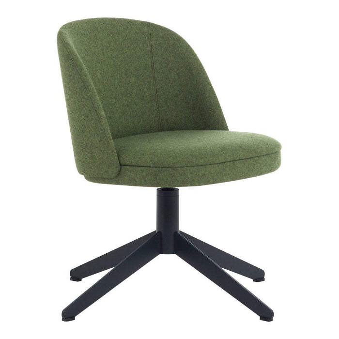 Green upholstered chair with a sleek black base, featuring a smooth, modern design. Ideal for contemporary spaces.