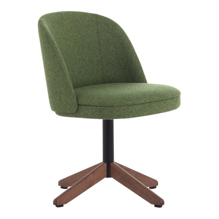 Green upholstered chair with a smooth, modern design and wood base. Perfect for stylish seating.