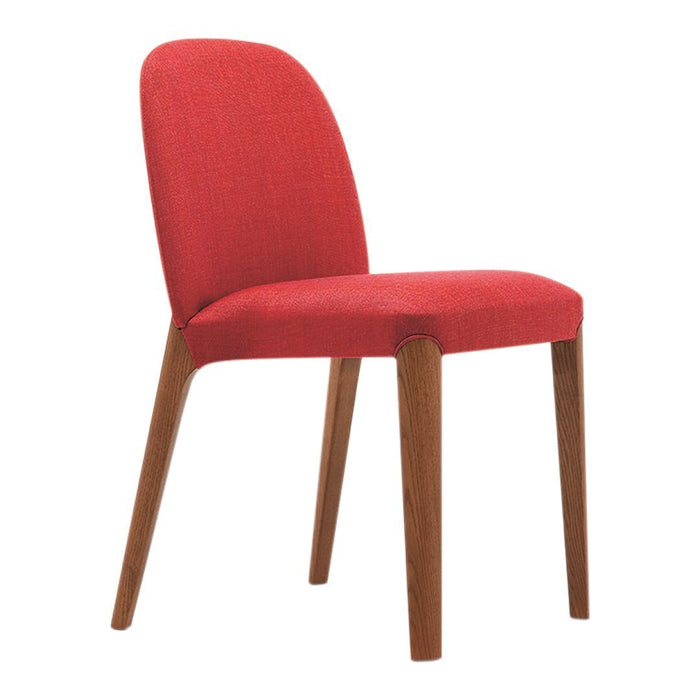 Red upholstered chair with a smooth finish and wooden legs, offering a modern yet classic aesthetic.