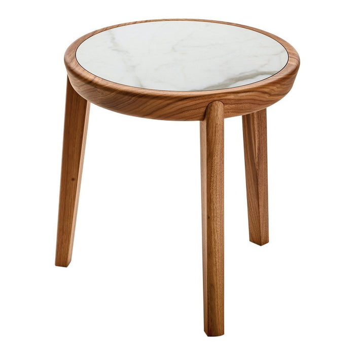 Natural wood side table with a round shape and white marble top, featuring a sleek, modern design.