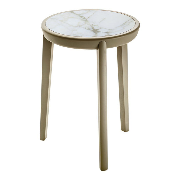 Round side table with a white marble top and soft beige legs, featuring elegant natural veining patterns.