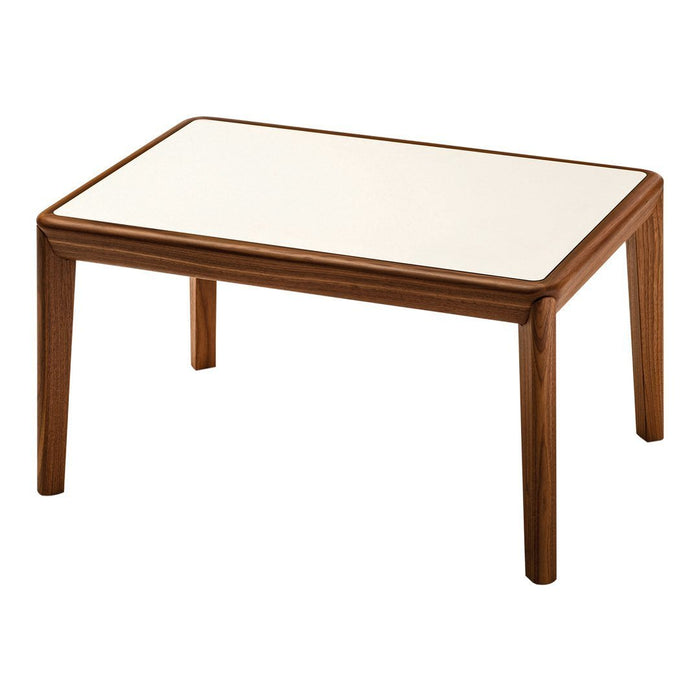 Rectangular coffee table with a glossy white top and smooth walnut wood legs, showcasing a modern, minimalist design.