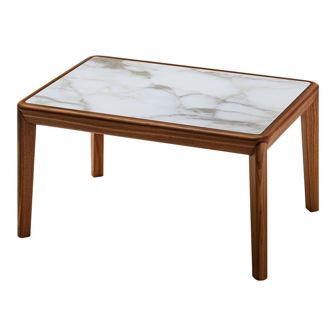Brown wooden coffee table with a glossy white marble top featuring subtle gray veining.