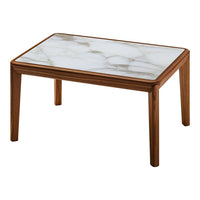 Brown wooden coffee table with a glossy white marble top featuring subtle gray veining.