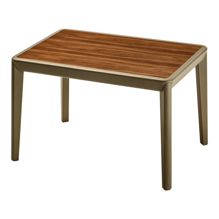 "Rectangular table with a polished wood grain top and neutral beige legs, showcasing a modern, minimalist design."