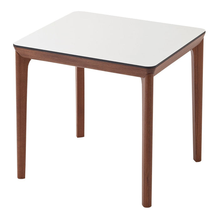Square table with a sleek white top and rich walnut wood legs, featuring clean, modern lines. Perfect for any decor.