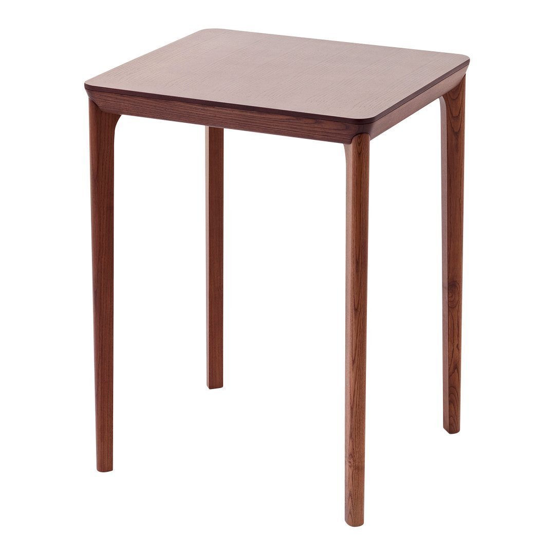 "Square wooden side table in rich walnut finish with smooth surface and sleek, minimalistic design."