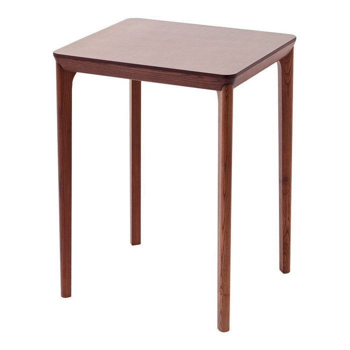 "Square wooden side table in rich walnut finish with smooth surface and sleek, minimalistic design."