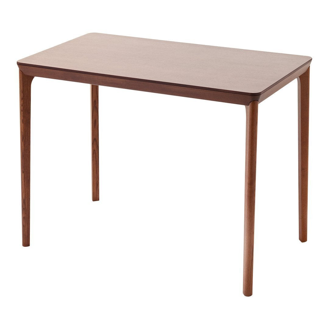 Brown wooden dining table with a sleek, minimalist design and smooth surface, perfect for any modern space.