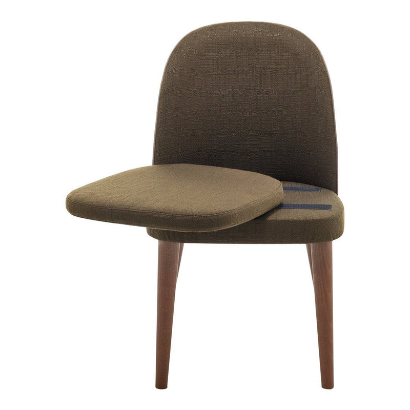 Brown upholstered dining chair with a textured pattern and wooden legs, featuring a foldable cushion seat.