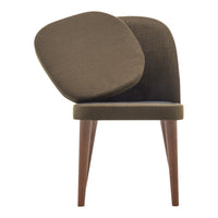 Brown upholstered chair with a rounded back and square cushion, featuring wooden legs for a modern touch.