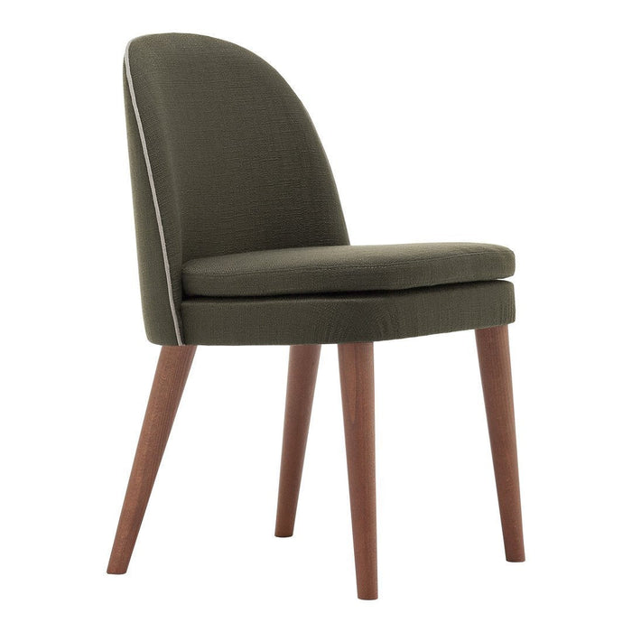 Green upholstered chair with clean lines and wooden legs, featuring subtle white piping detail along the edges.