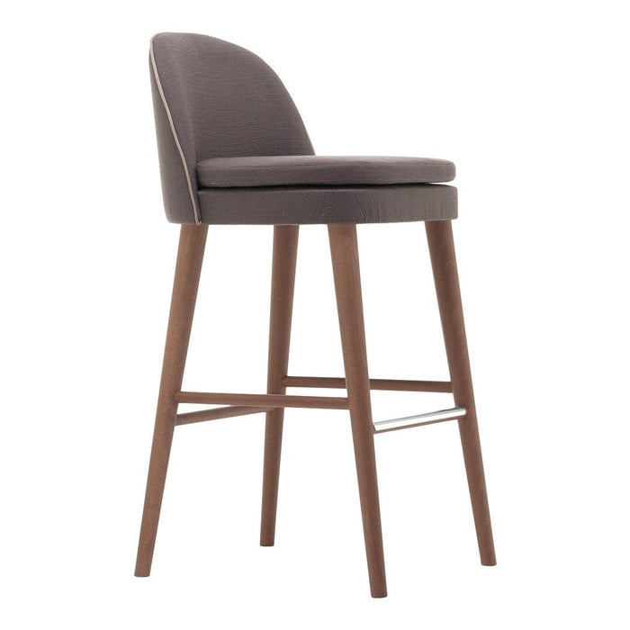 Gray upholstered bar stool with a sleek, minimalist design and natural wood legs.
