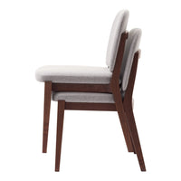 Stylish gray upholstered dining chairs with walnut wood legs, featuring a sleek, modern design.