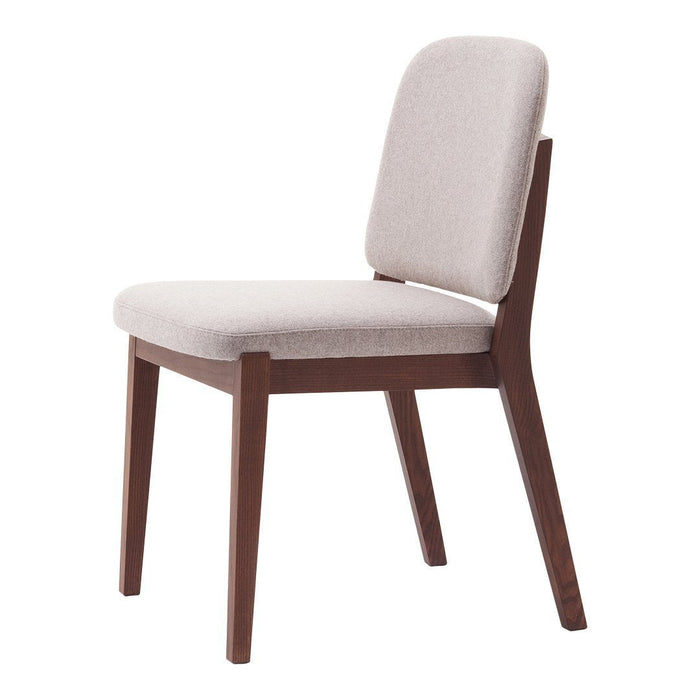 Light beige upholstered chair with a smooth texture and dark brown wooden legs, featuring a minimalist design.