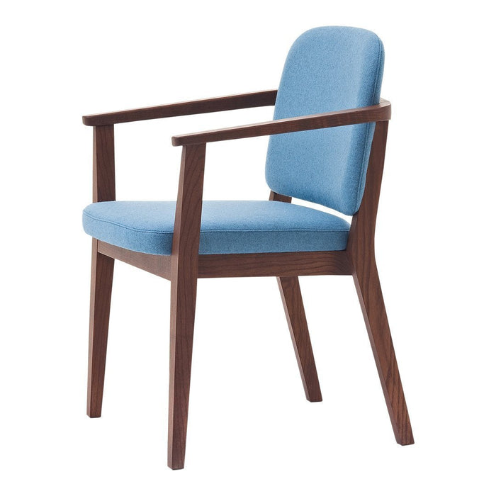 Light blue upholstered chair with a clean design and walnut wood frame. Simple and modern with straight lines.