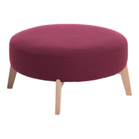 Round burgundy ottoman with wooden legs, featuring a smooth, solid color design perfect for modern decor.