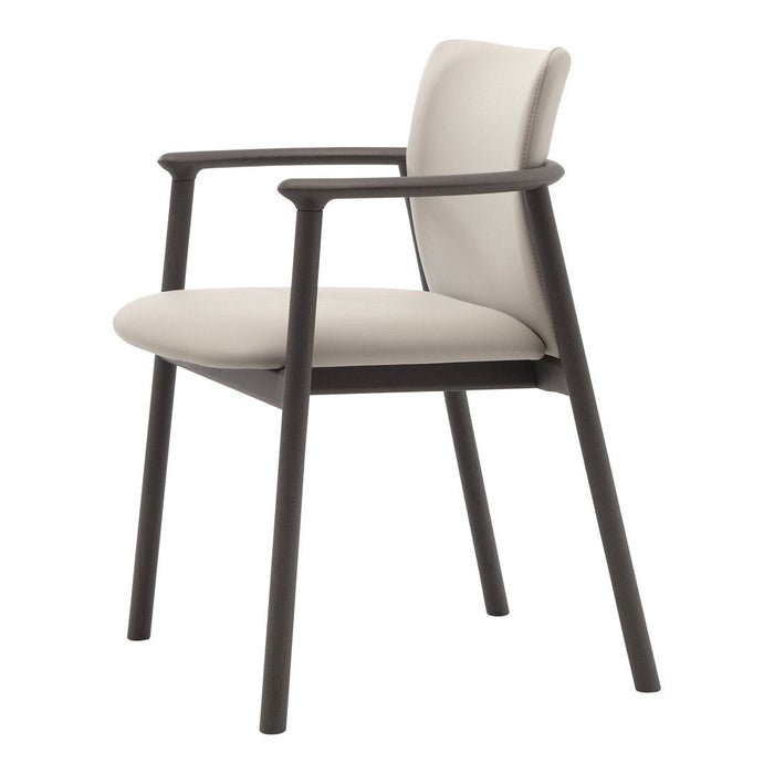 Light gray upholstered chair with dark wood arms and legs, featuring a sleek, minimalistic design.