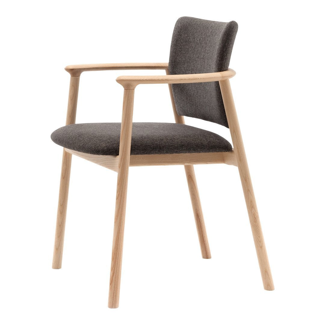 Gray fabric upholstered chair with natural wood legs and minimalistic design. Perfect for modern interiors.