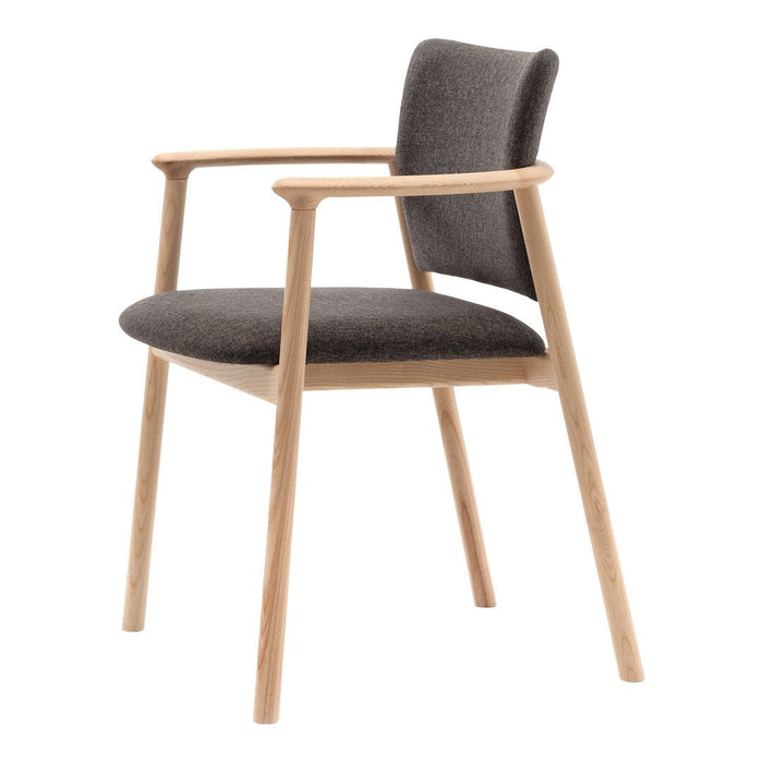 Gray fabric upholstered chair with natural wood legs and minimalistic design. Perfect for modern interiors.
