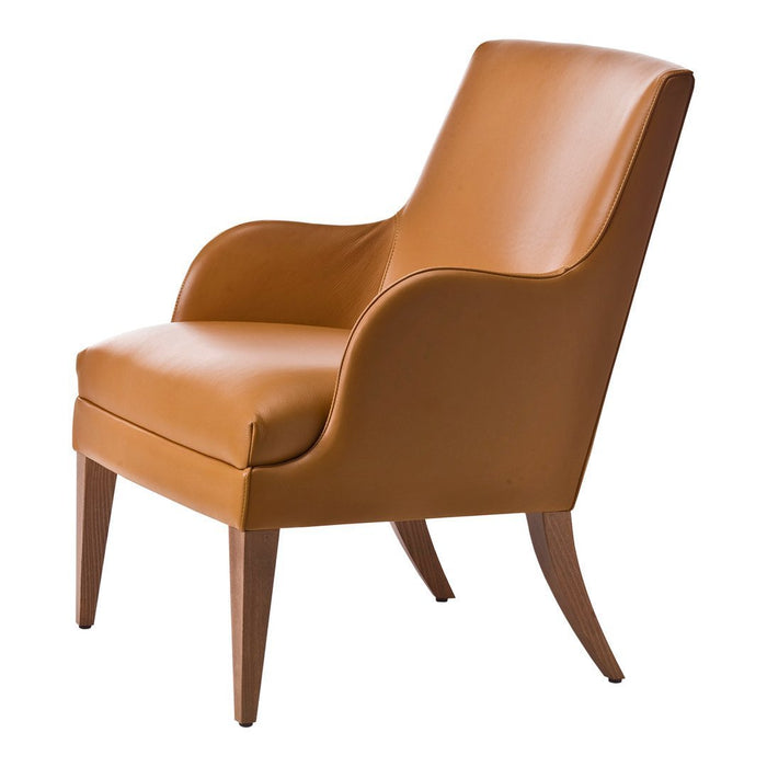 Tan leather accent chair with smooth finish and natural wood tapered legs, perfect for modern decor.