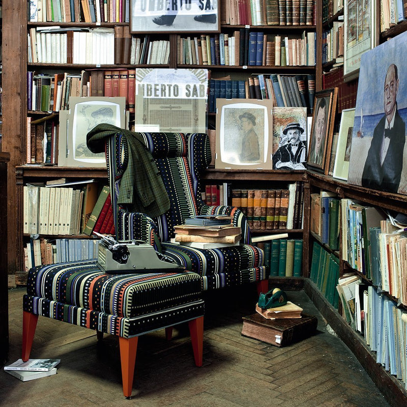 Colorful striped armchair with a mix of blue, red, and green patterns, set against a rustic wooden library backdrop.