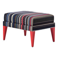 Colorful striped ottoman featuring navy, red, green, and white patterns, complemented by vibrant red legs.