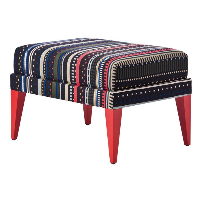 Colorful striped ottoman featuring navy, red, green, and white patterns, complemented by vibrant red legs.
