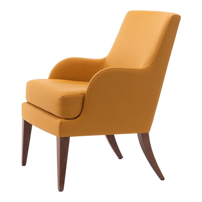Stylish mustard yellow armchair with smooth upholstery and tapered wooden legs for a modern look.