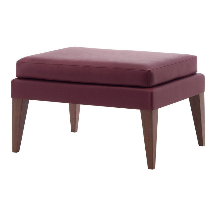 Plum-colored ottoman with smooth upholstery and wooden legs, perfect for modern home decor.