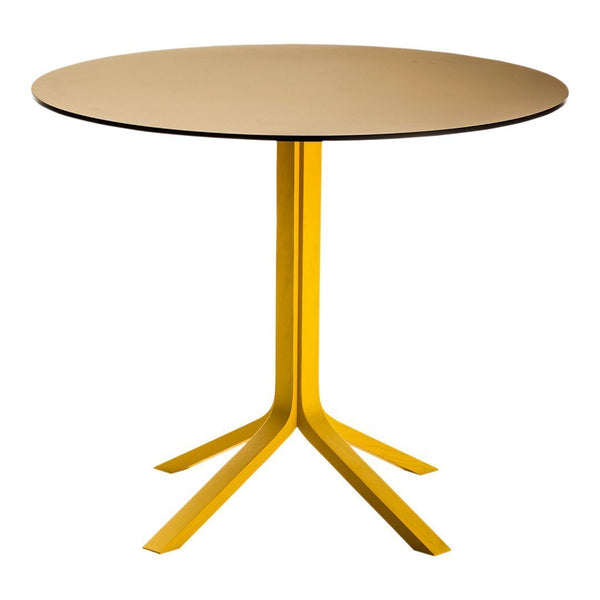 Round table with a gold top and a vibrant yellow base, featuring a sleek, modern design.